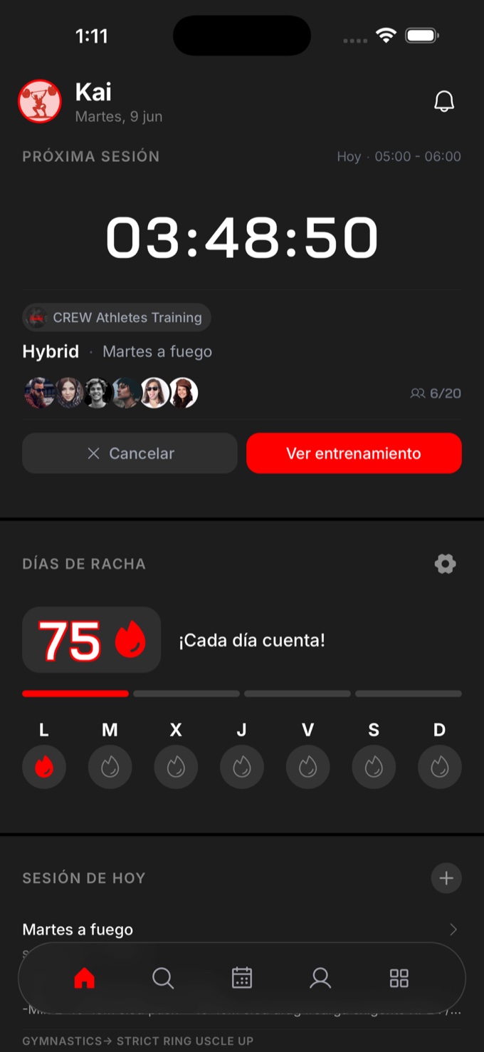 Home de CREW5: próxima sesión con cuenta atrás, racha de 75 días y sesión de hoy
