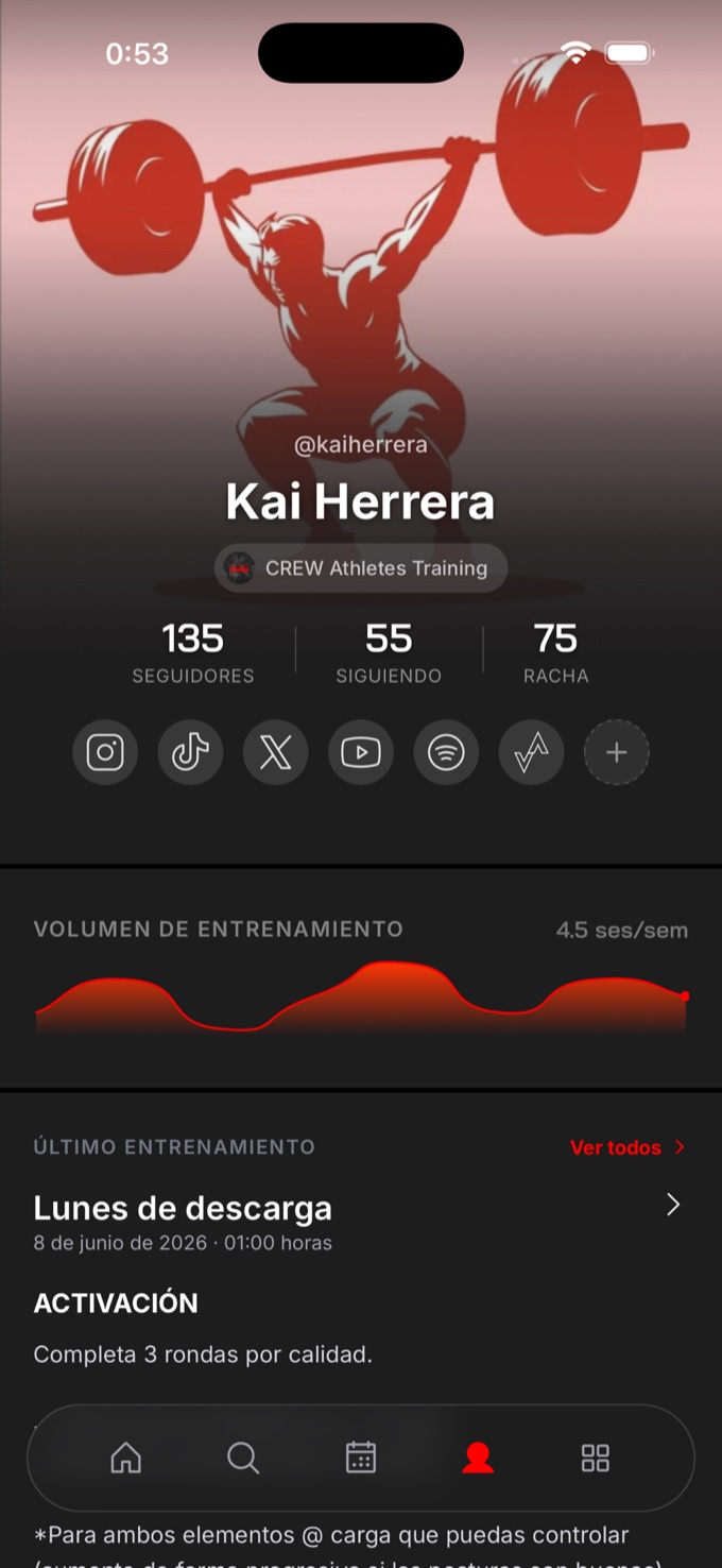 Perfil de atleta en CREW5: seguidores, racha de 75 días y volumen de entrenamiento